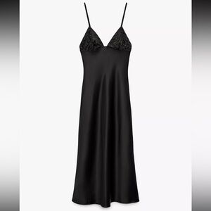 ZARA NWT Beaded Satin V- Neck Midi Dress Black